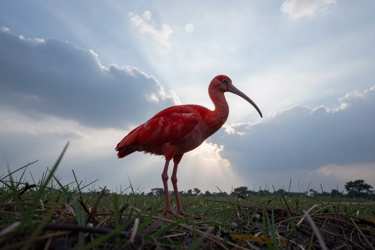 Scarlet Ibis on Wind-Scoured Ridge at Dawn in on a wind-scoured ridge near Gulshan, Dhaka