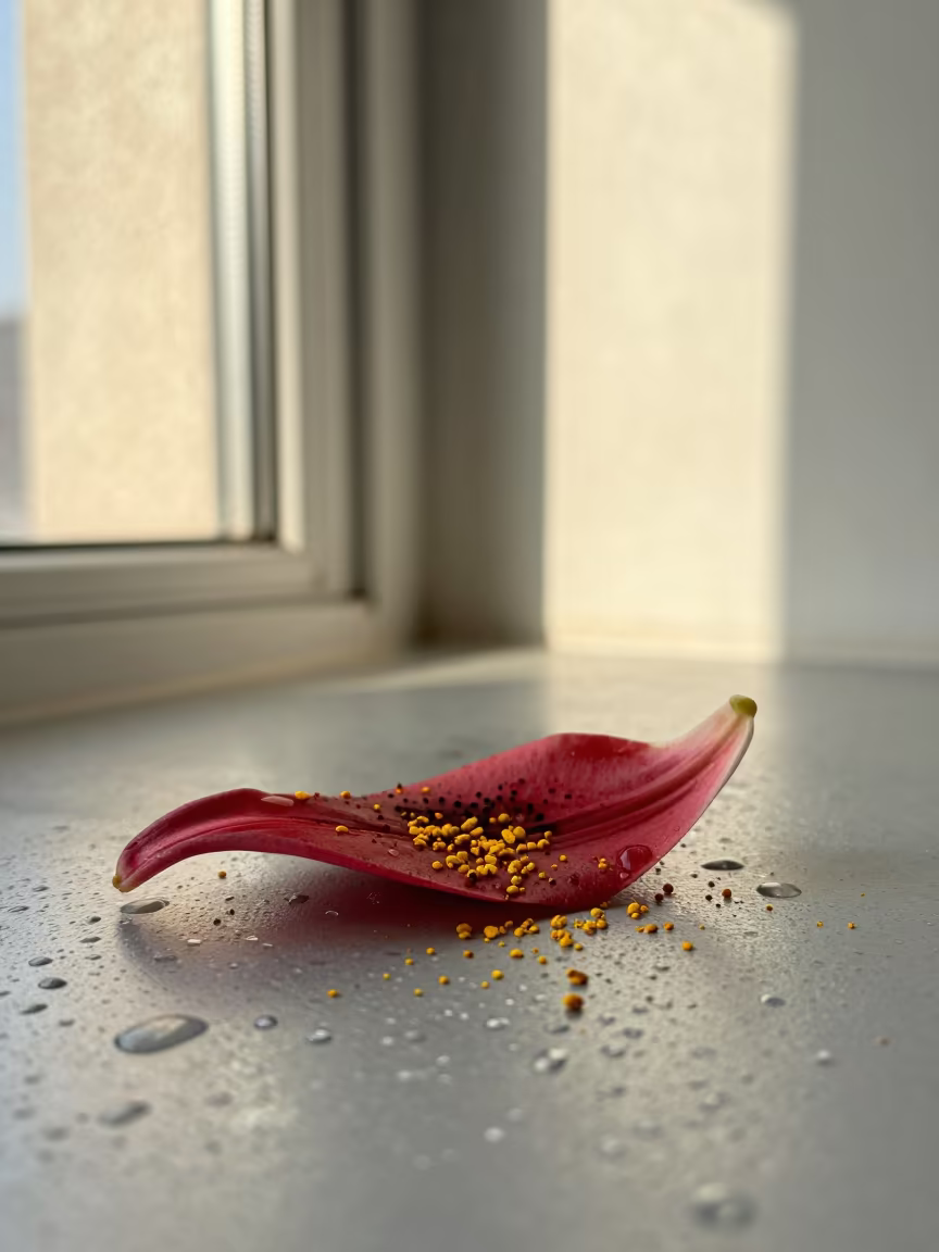Scarlet Lily Petal Pollen Dust on Wet Metal in across a rain-beaded metal surface near Chengdu