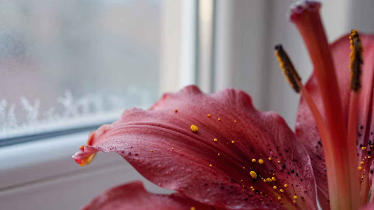 Scarlet Lily Pollen Dust in Dawn Light in along a frost-edged windowpane near Helsinki