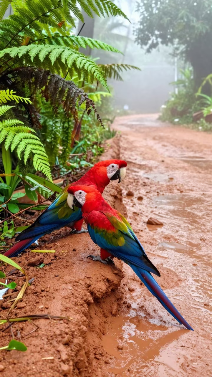 Scarlet Macaw Pair on Clay Lick Ho Chi Minh City in along a game trail near District 3, Ho Chi Minh City