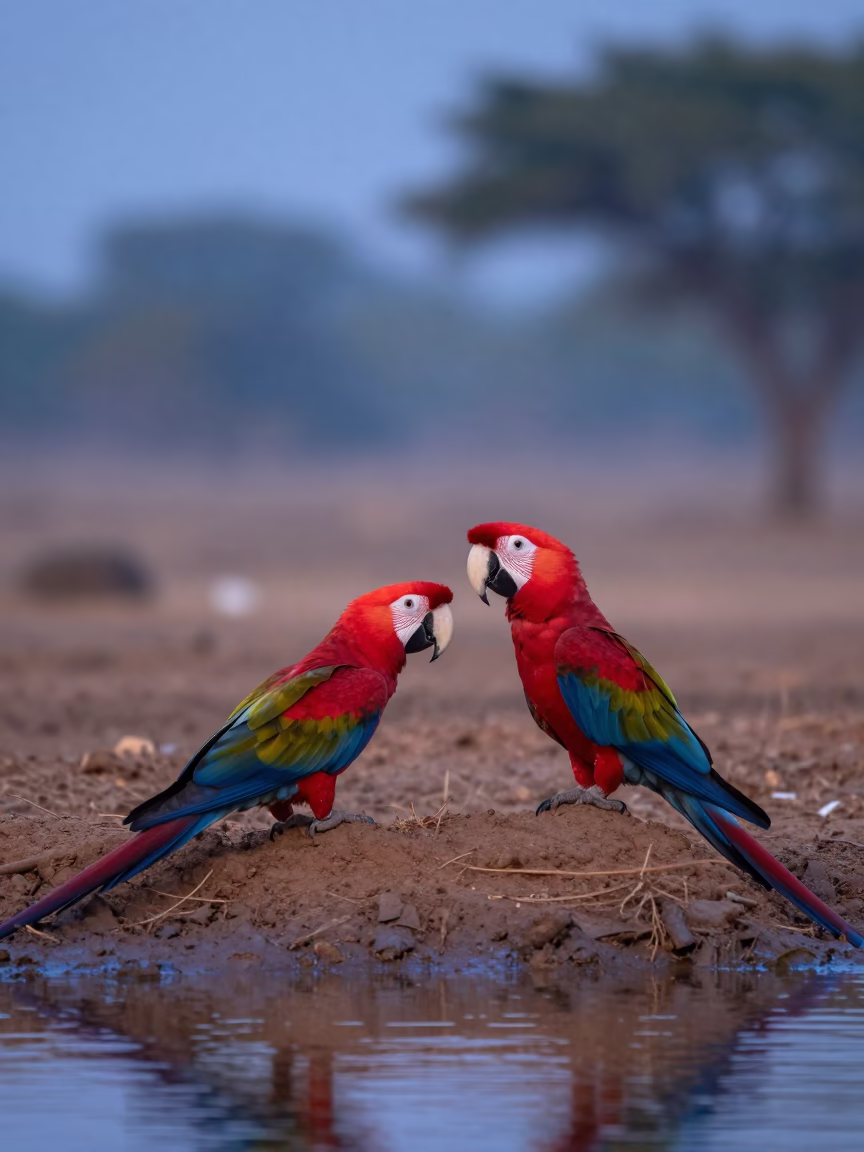 Scarlet Macaws on Clay Lick Evening Tamil Nadu in in Tamil Nadu