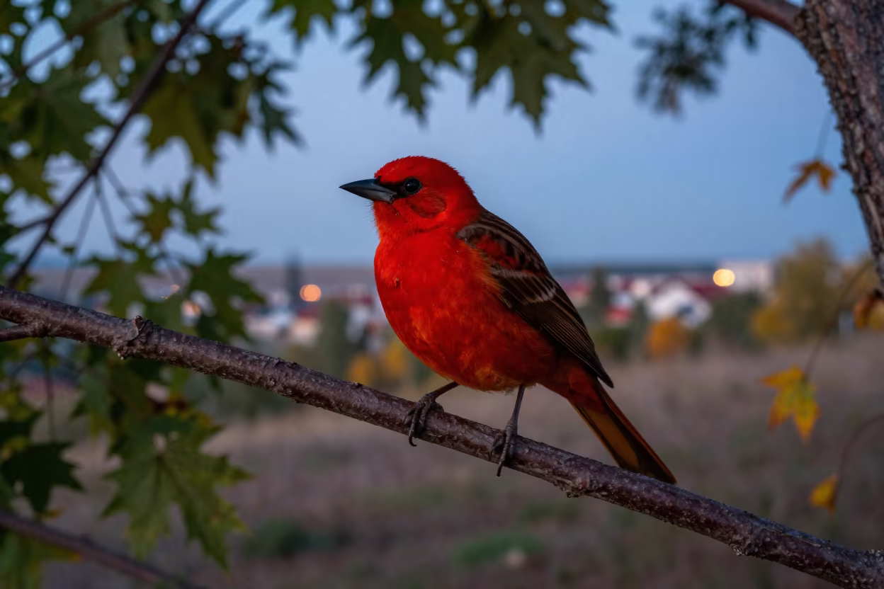 Scarlet Tanager on Branch at Autumn Blue Hour in near Pavlodar