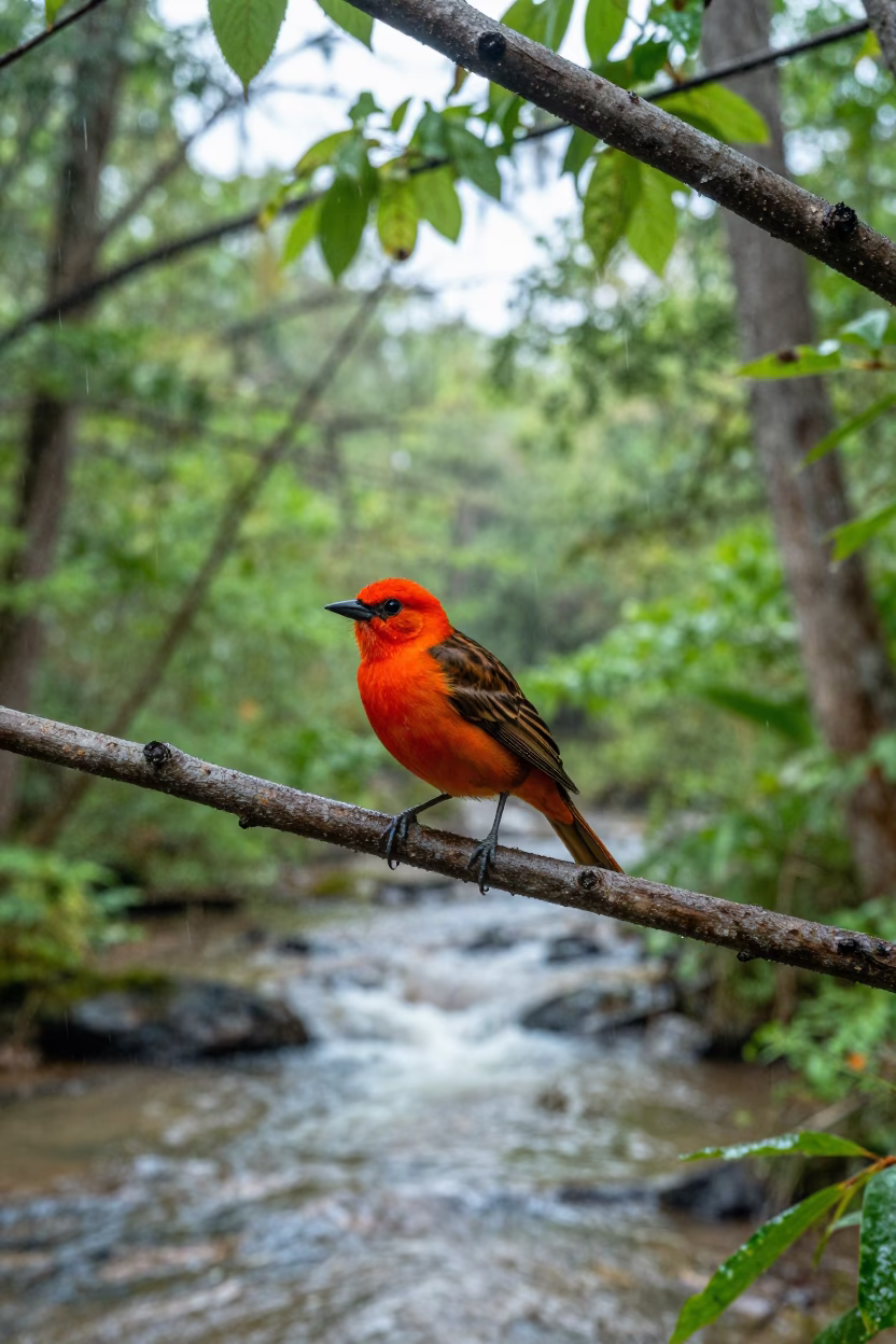 Scarlet Tanager Perched on Branch Over Glacial Stream in above a glacial stream in Louisiana