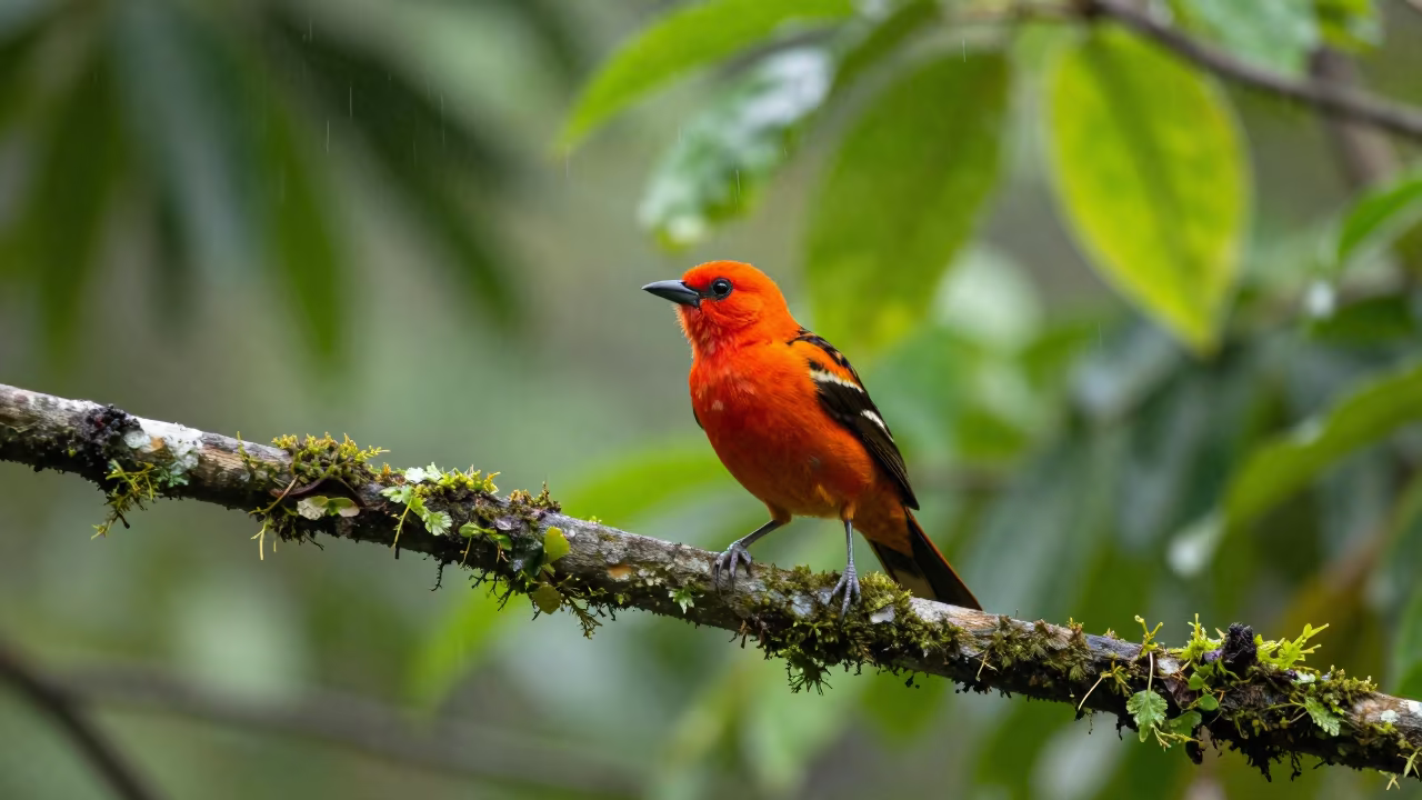 Scarlet Tanager Perched on Branch in Monsoon Fog in near Palo Negro