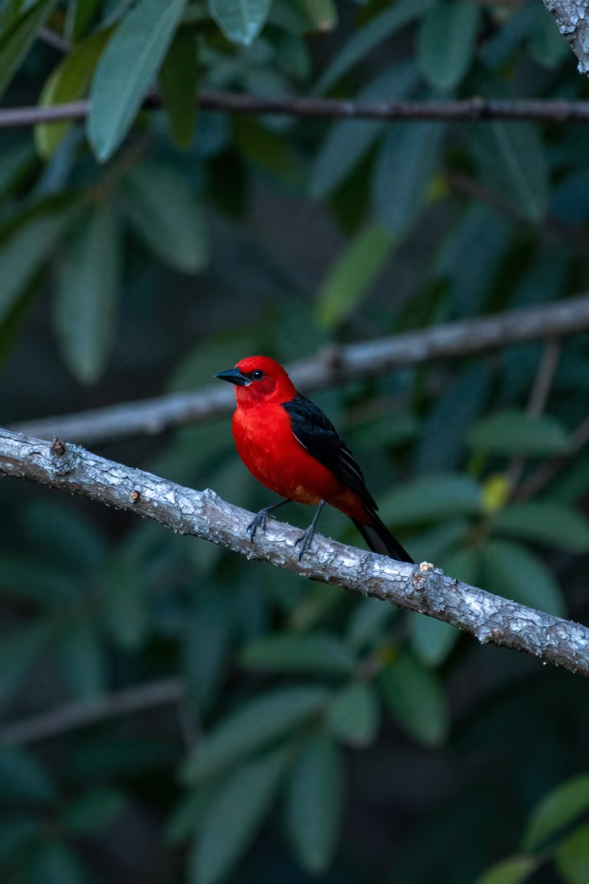 Scarlet Tanager on Ridge Branch Autumn Night in on a wind-scoured ridge near Damascus