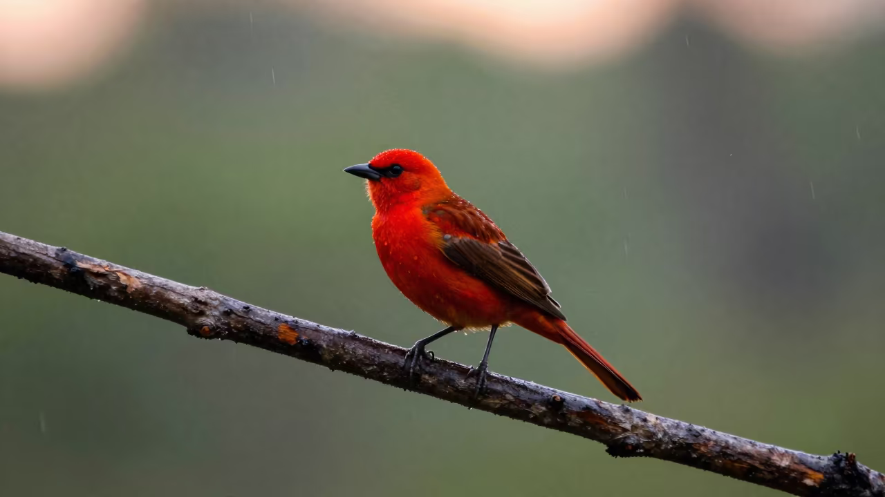 Scarlet Tanager on Ridge Branch in Rain in on a wind-scoured ridge in Madhya Pradesh