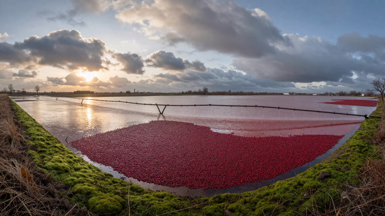 Scarlet Winter Cranberry Bog at Dawn in along freshly irrigated rows in Syria