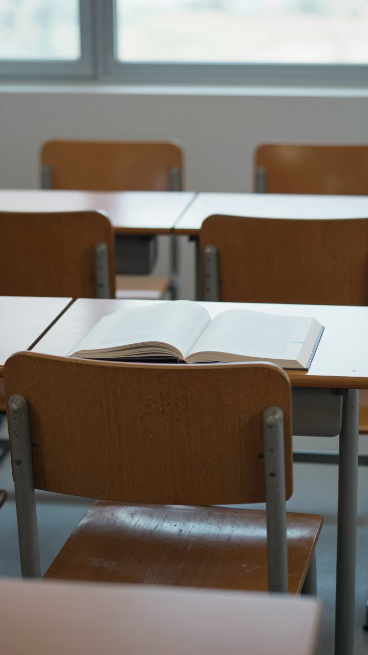 Scarred Seminar Chairs and Open Books in Sinfra Classroom in inside a quiet classroom in Sinfra