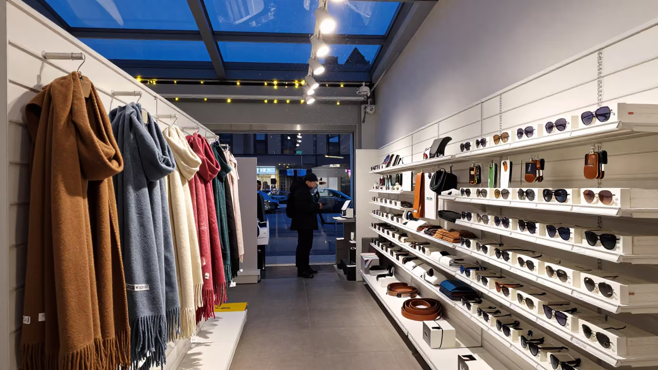 Scarves and Belts on Retail Wall in at a checkout lane under flat store light near Turku