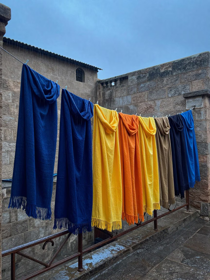 Scarves Drying in Fez at Dusk Light in in Fez, Morocco
