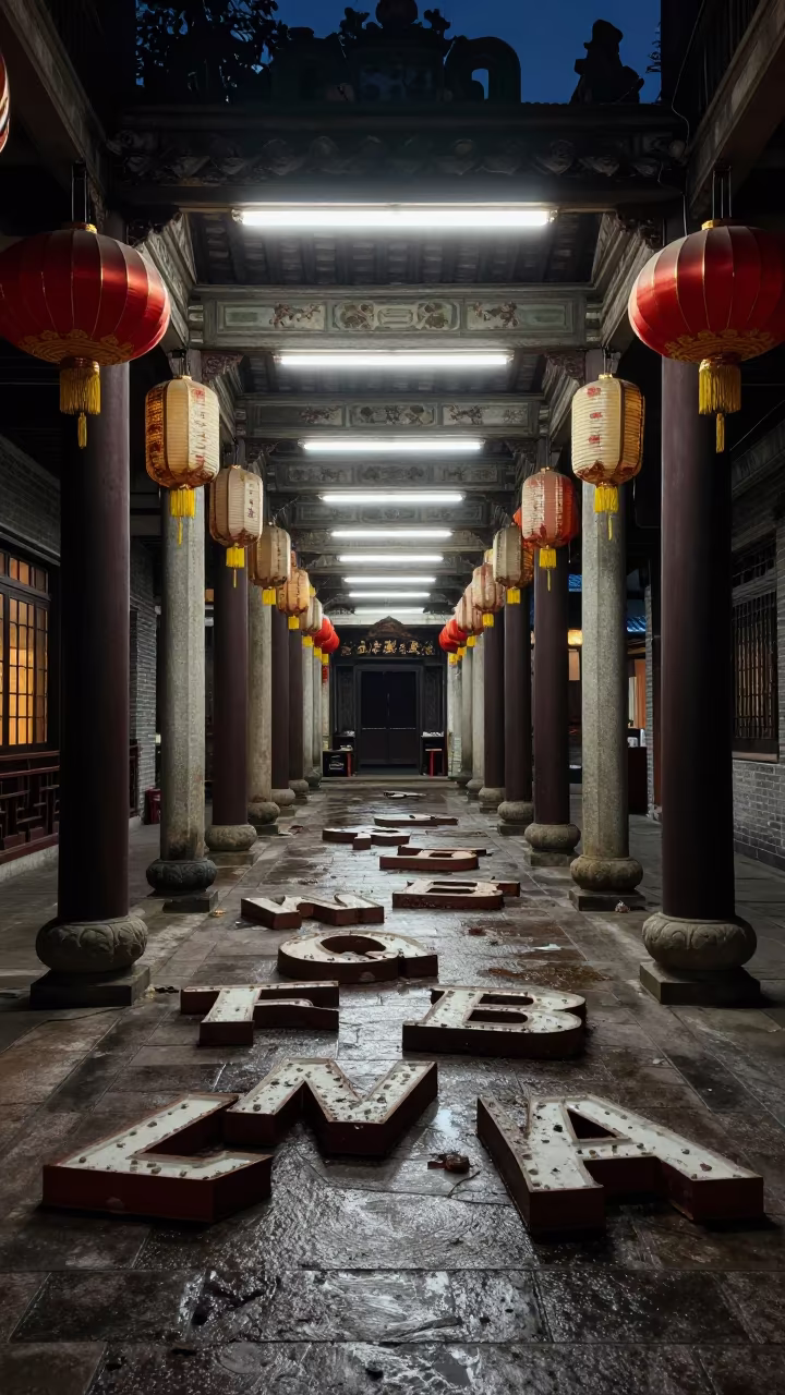 Scattered Cinema Letters in Guangzhou Lantern Shrine in in a shrine lined with lanterns in Shamian Island, Guangzhou