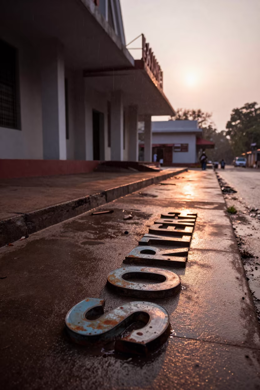 Scattered Marquee Letters in Rainy Solapur Dusk in in a ceremonial hall near Solapur