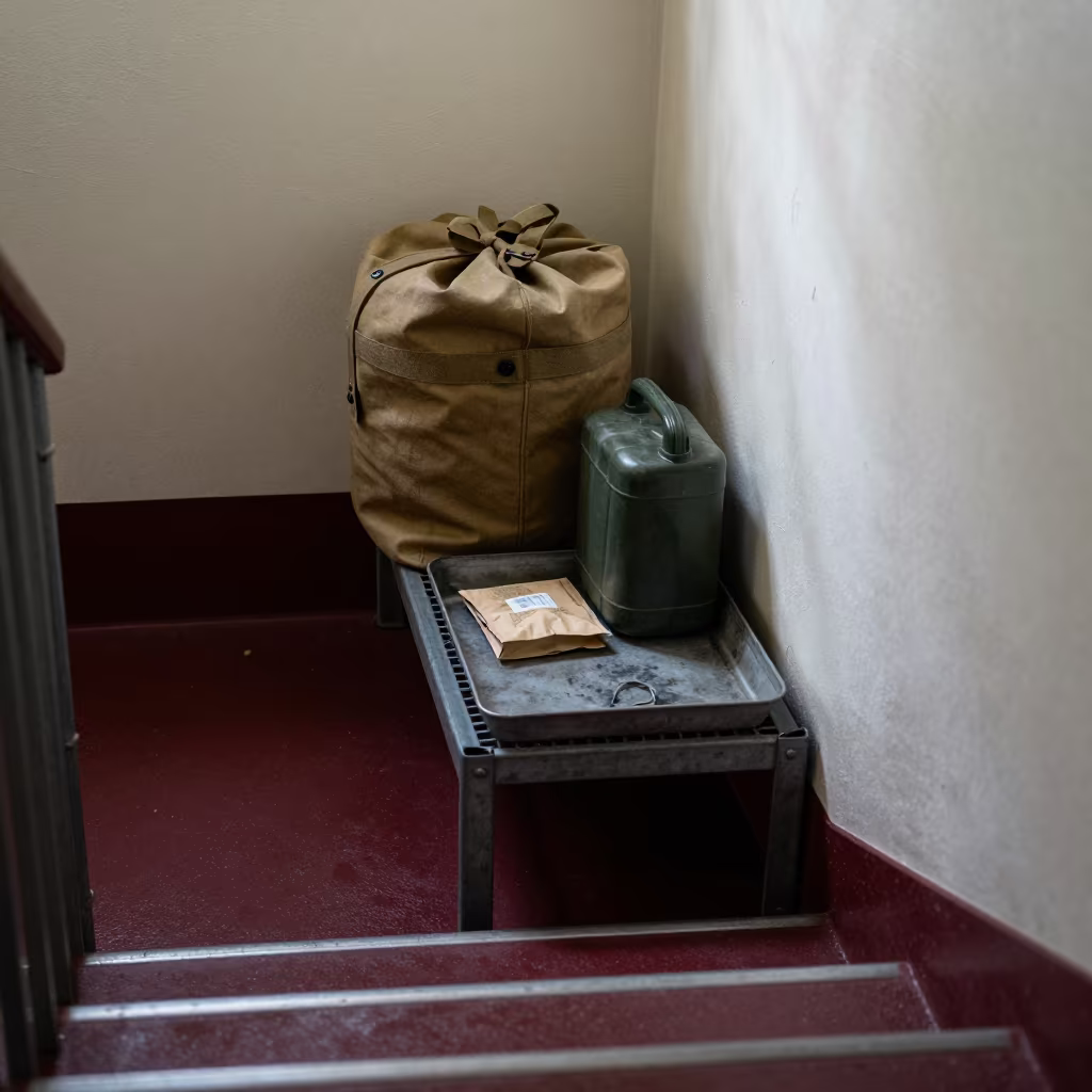 Scattered supplies on metal shelf in bunker stairwell in inside a bunker stairwell in Burgundy