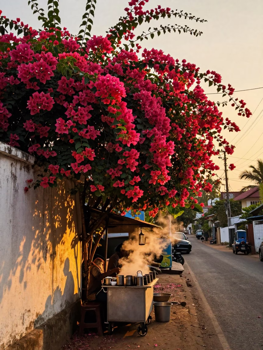 Scene Bougainvillea in Kochi at Honeyed Evening Light in in Kochi, India