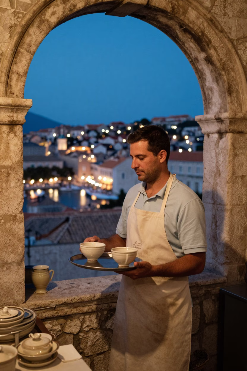 Scene Evening in Dubrovnik at As City Lights Begin To Glow in in Dubrovnik, Croatia