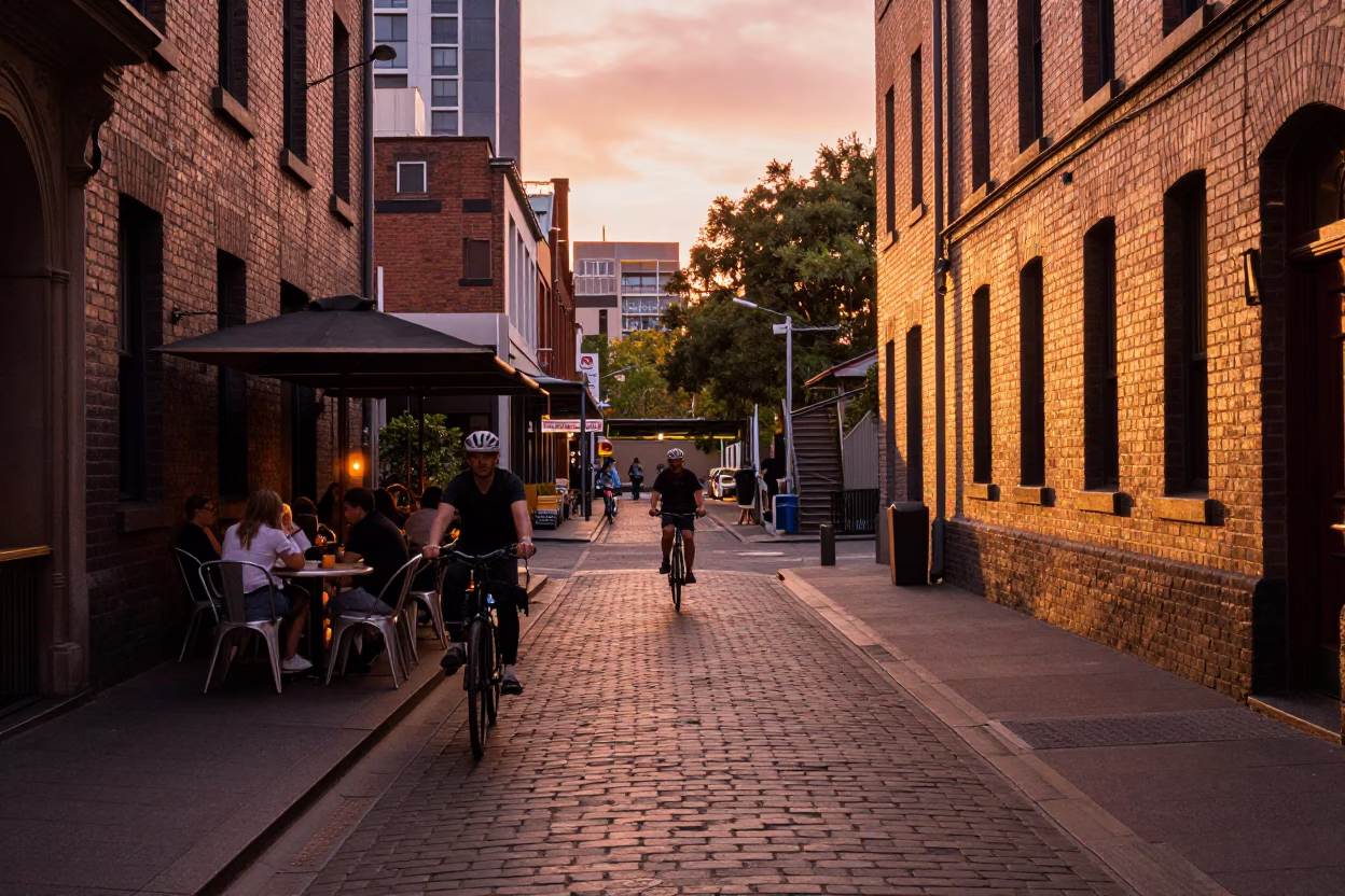 Scene Laneway in Melbourne at Copper-toned Light Before Dusk in in Melbourne, Victoria, Australia