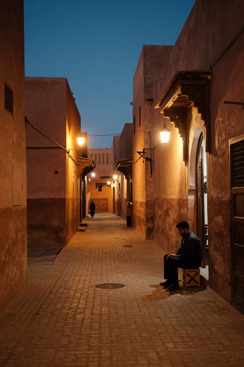 Scene Medina in Marrakech at As City Lights Begin To Glow in in Marrakech, Morocco