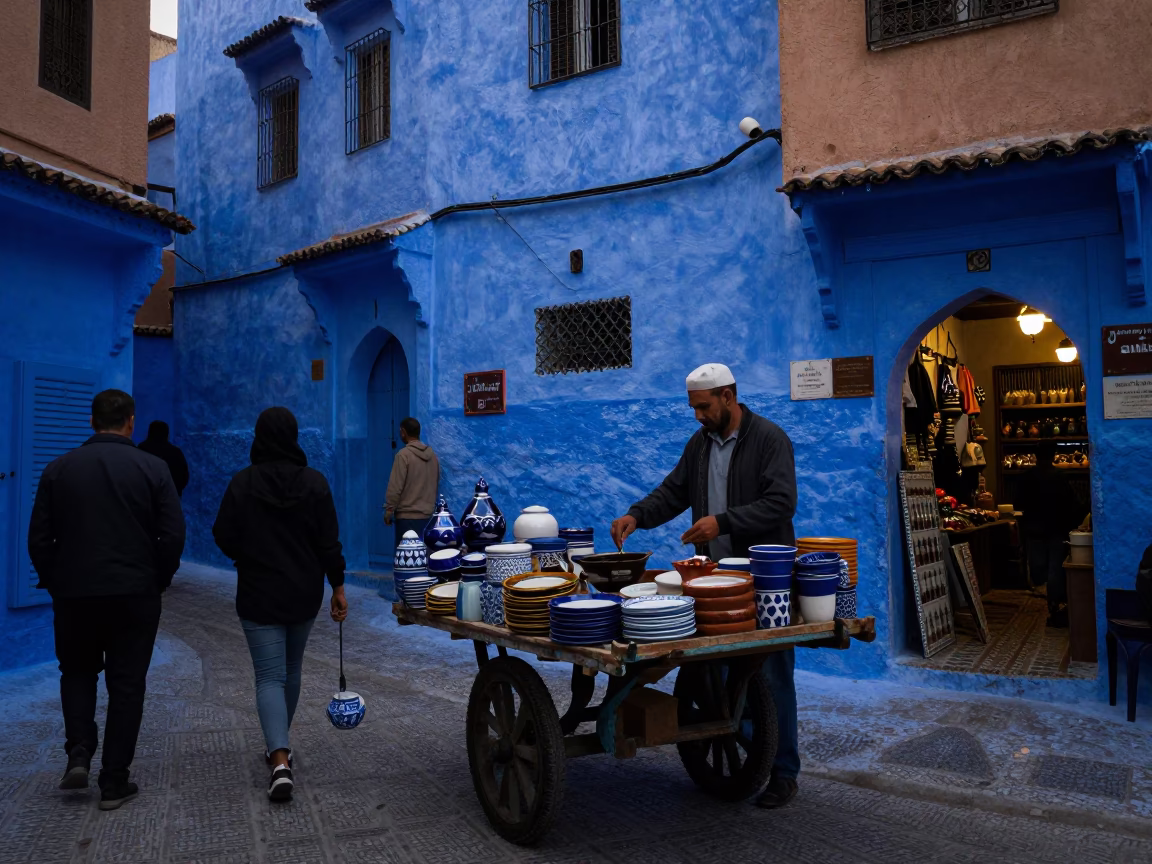 Scene Medina in Marrakech at The Last Blue Light Of Evening in in Marrakech, Morocco