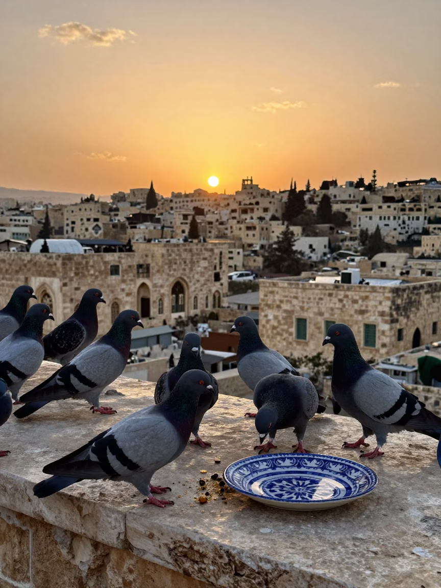 Scene Pigeons in Amman at Sunset Light in in Amman, Jordan