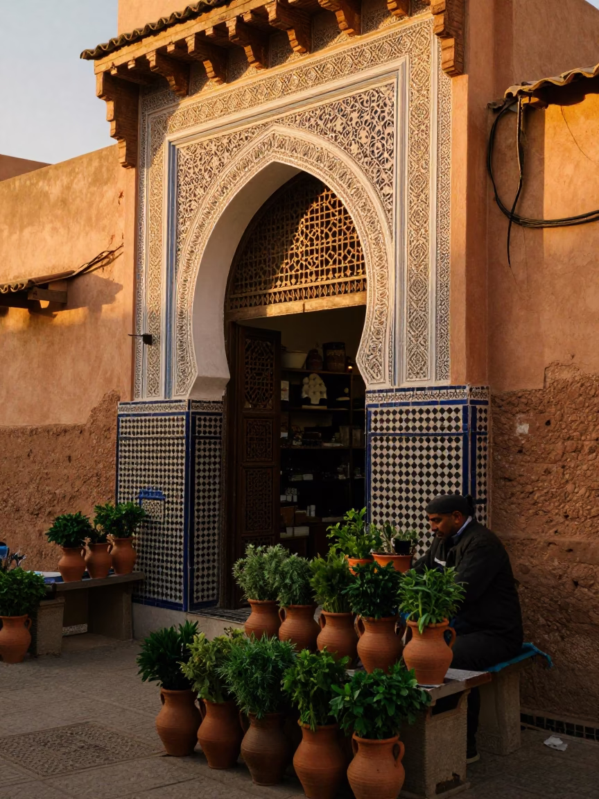 Scene Souk at Golden Hour in Marrakech in in Marrakech, Morocco