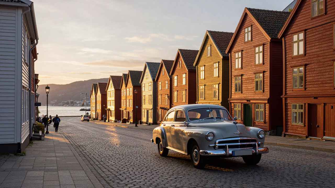 Scene Sunset in Bergen at Sunset Light in in Bergen, Norway