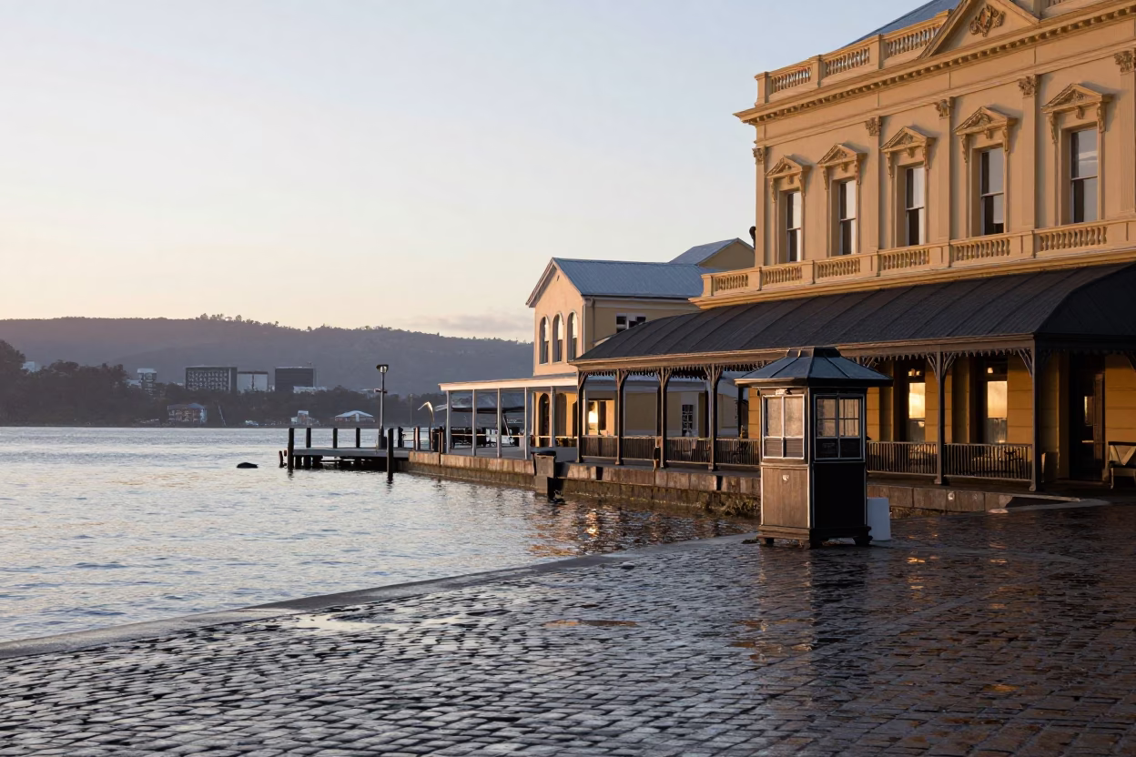 Scene Waterfront in Hobart at First Light Of Dawn in in Hobart, Tasmania, Australia