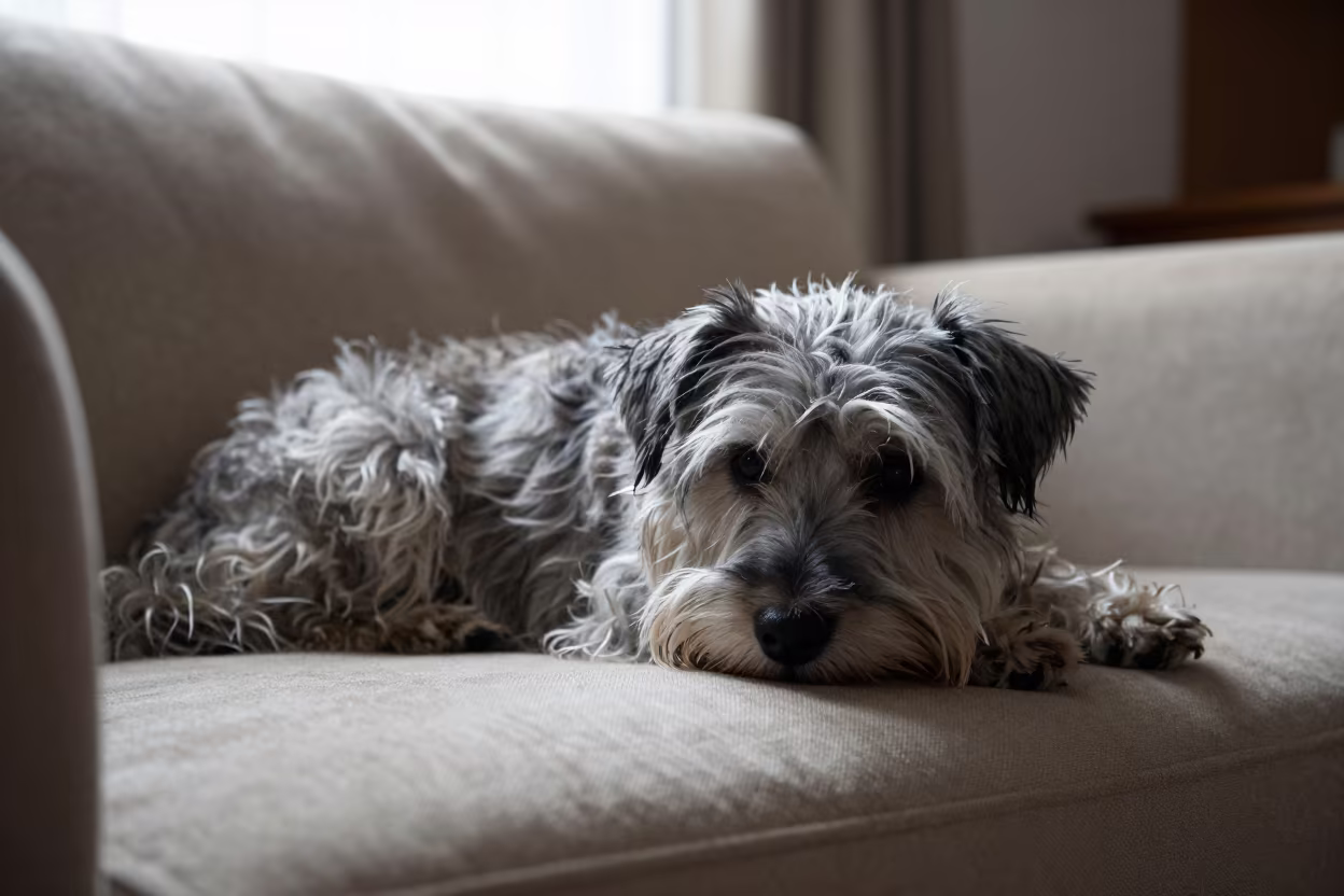 Schapendoes Dog Resting on Linen Sofa in on a linen sofa with daylight from a nearby window in Addis Ababa