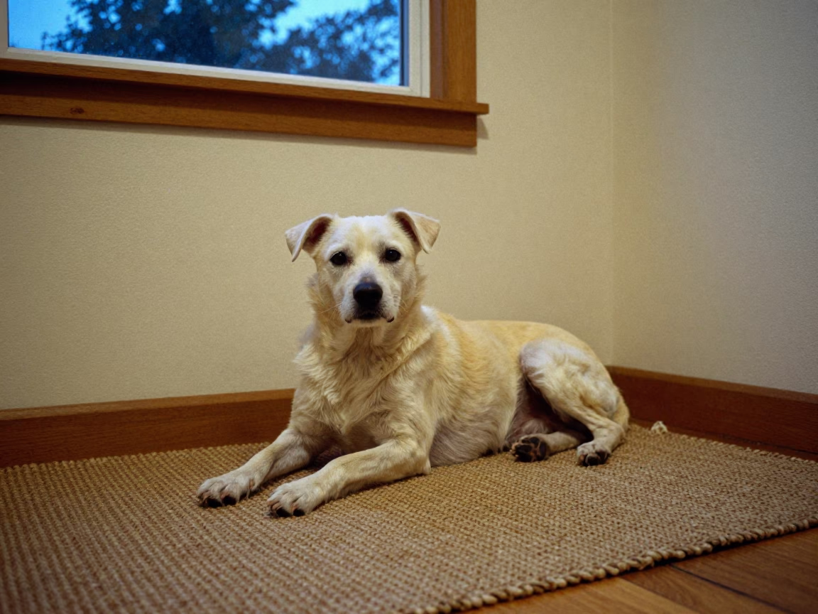 Schapendoes Dog Resting on Rug in Bytom Home in on a woven rug beside a low couch and an uncluttered wall in Bytom