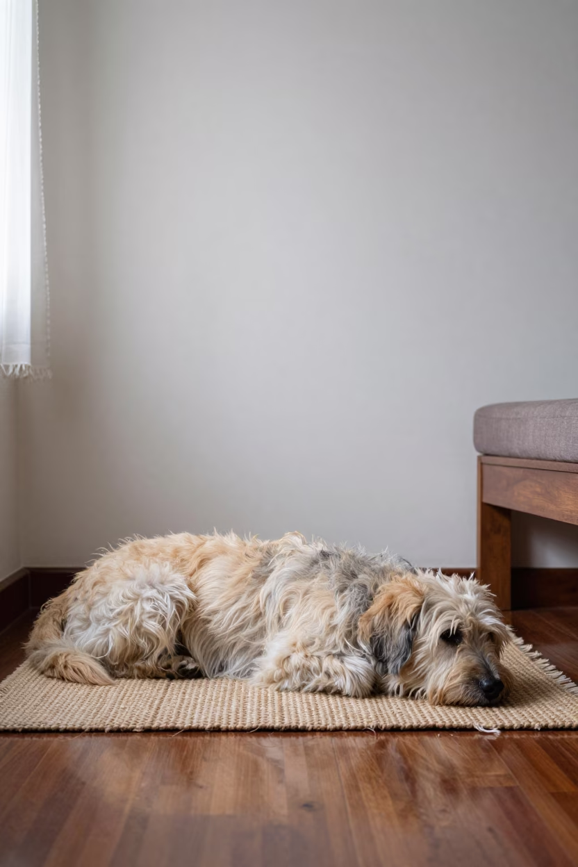 Schapendoes Dog Resting on Woven Rug at Home in on a woven rug beside a low couch and an uncluttered wall in Kuantan