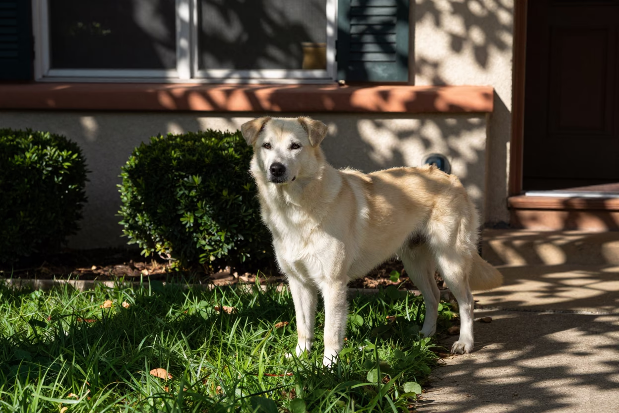Schapendoes on Shaded Austin Porch in Dappled Light in in a small yard with clipped grass, calm light, and the animal centered in frame in 6th Street, Austin