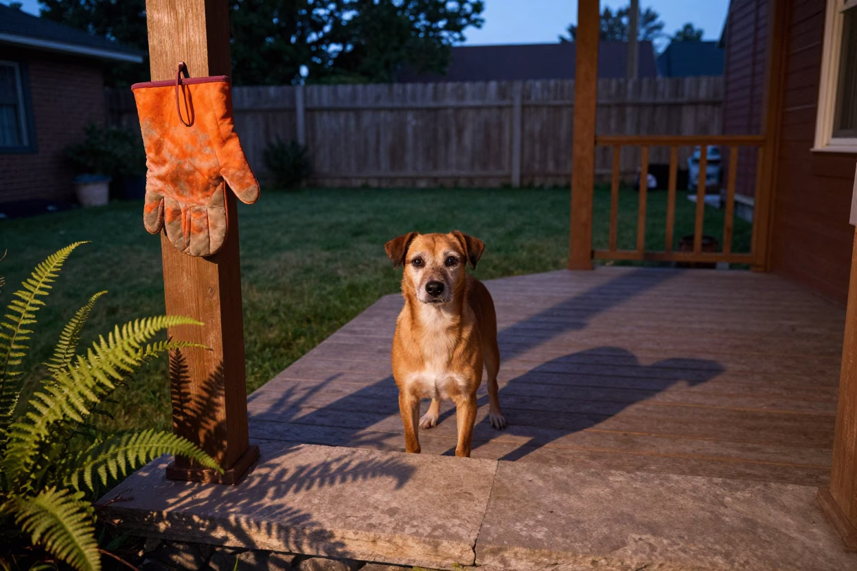 Schapendoes on Shaded Porch in Ipswich Yard in in a small yard with clipped grass, calm light, and the animal centered in frame in Ipswich