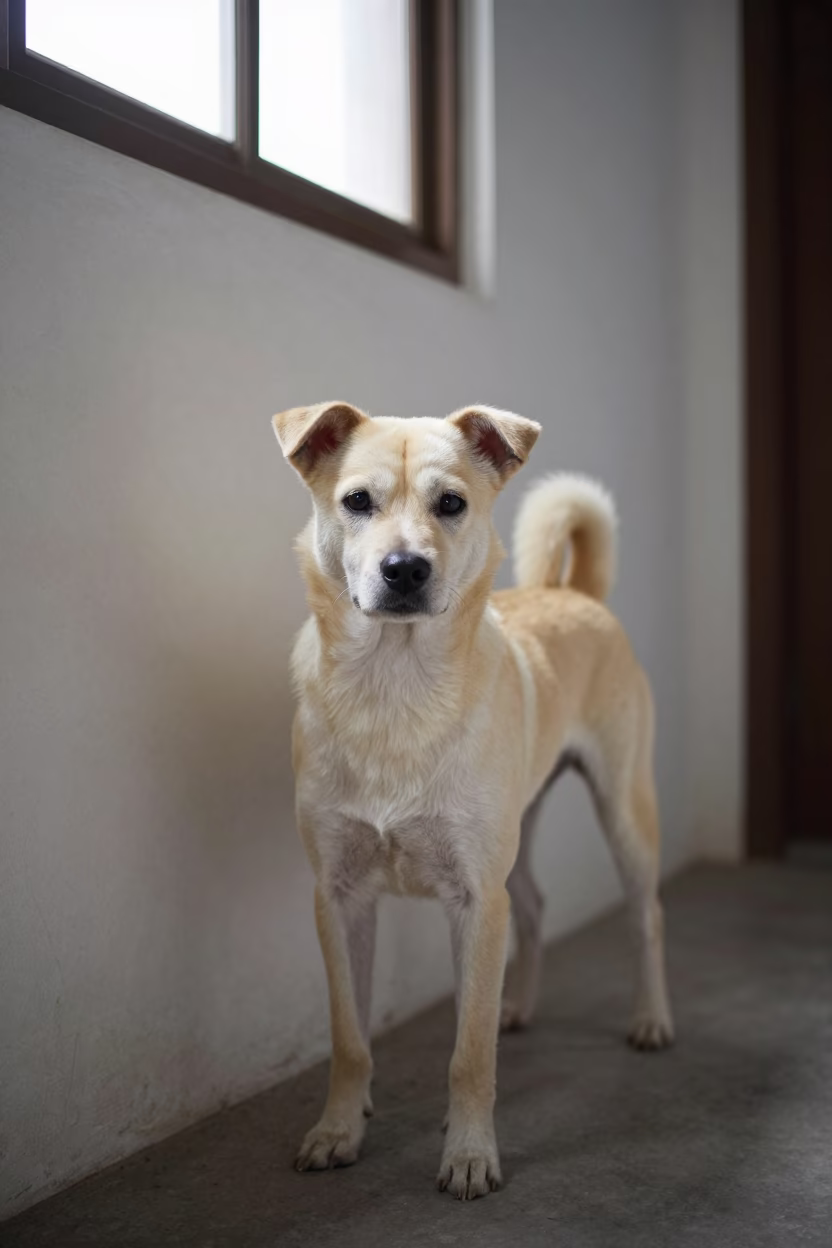 Schapendoes Portrait Beside Plaster Wall in Dala Yangon in beside a plain plaster wall in soft indoor light with the animal centered in frame in Dala, Yangon