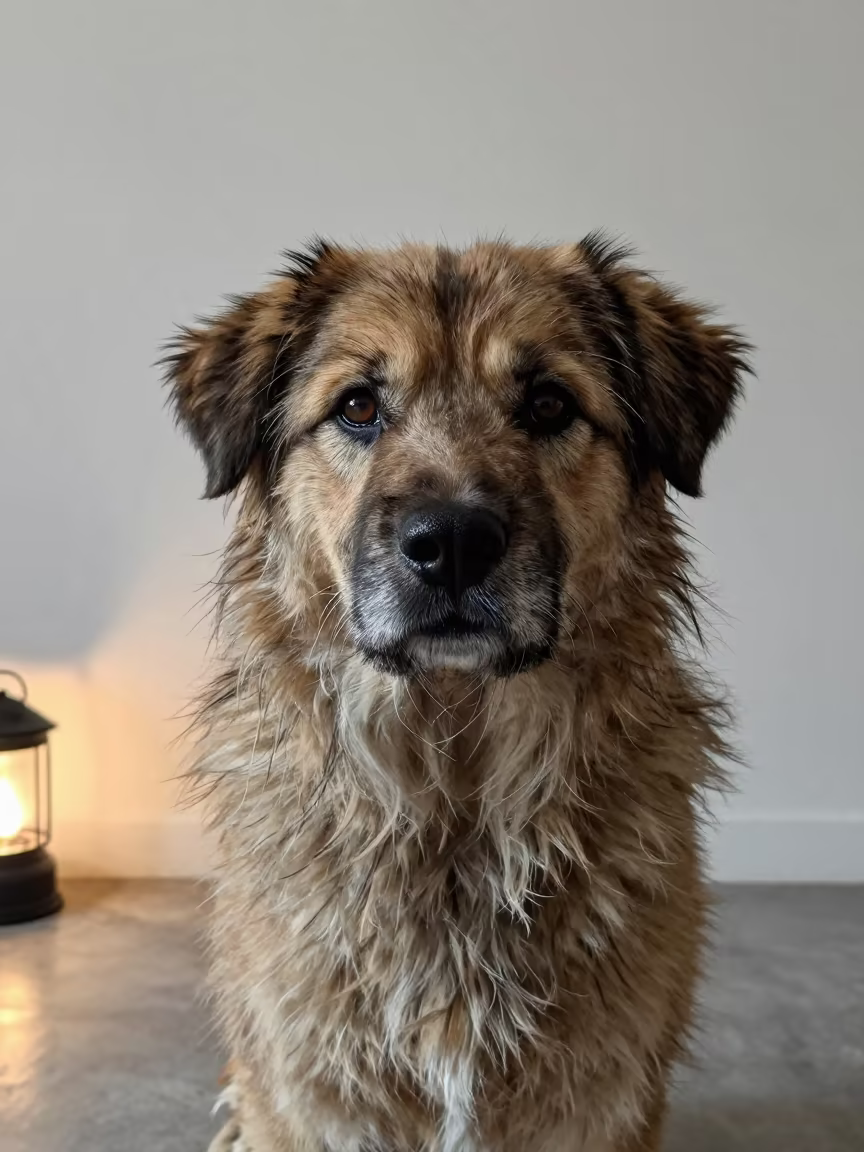 Schapendoes Portrait in Maroua Studio Dawn Light in in a quiet portrait studio with a plain backdrop and eye-level framing in Maroua