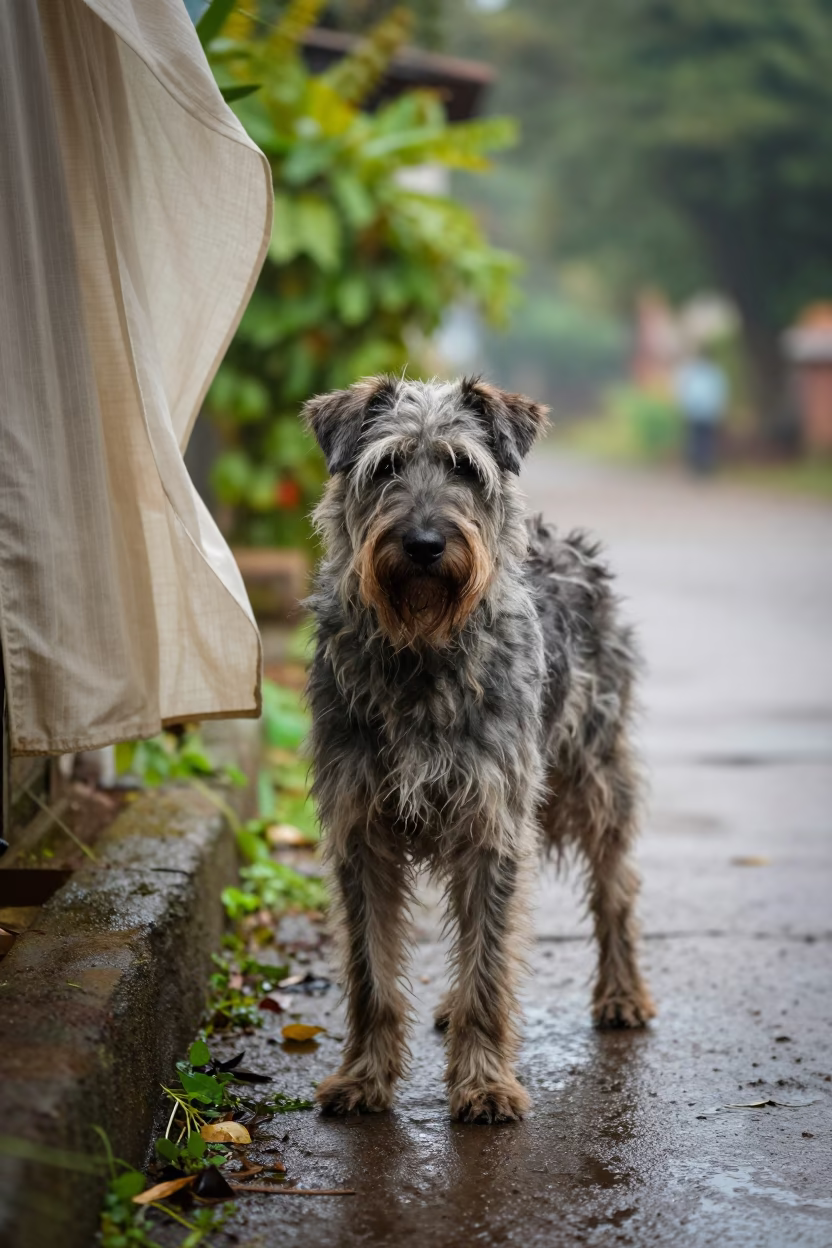 Schapendoes Portrait in Morning Garden Light in near a garden edge with soft morning light and an uncluttered background in Surat