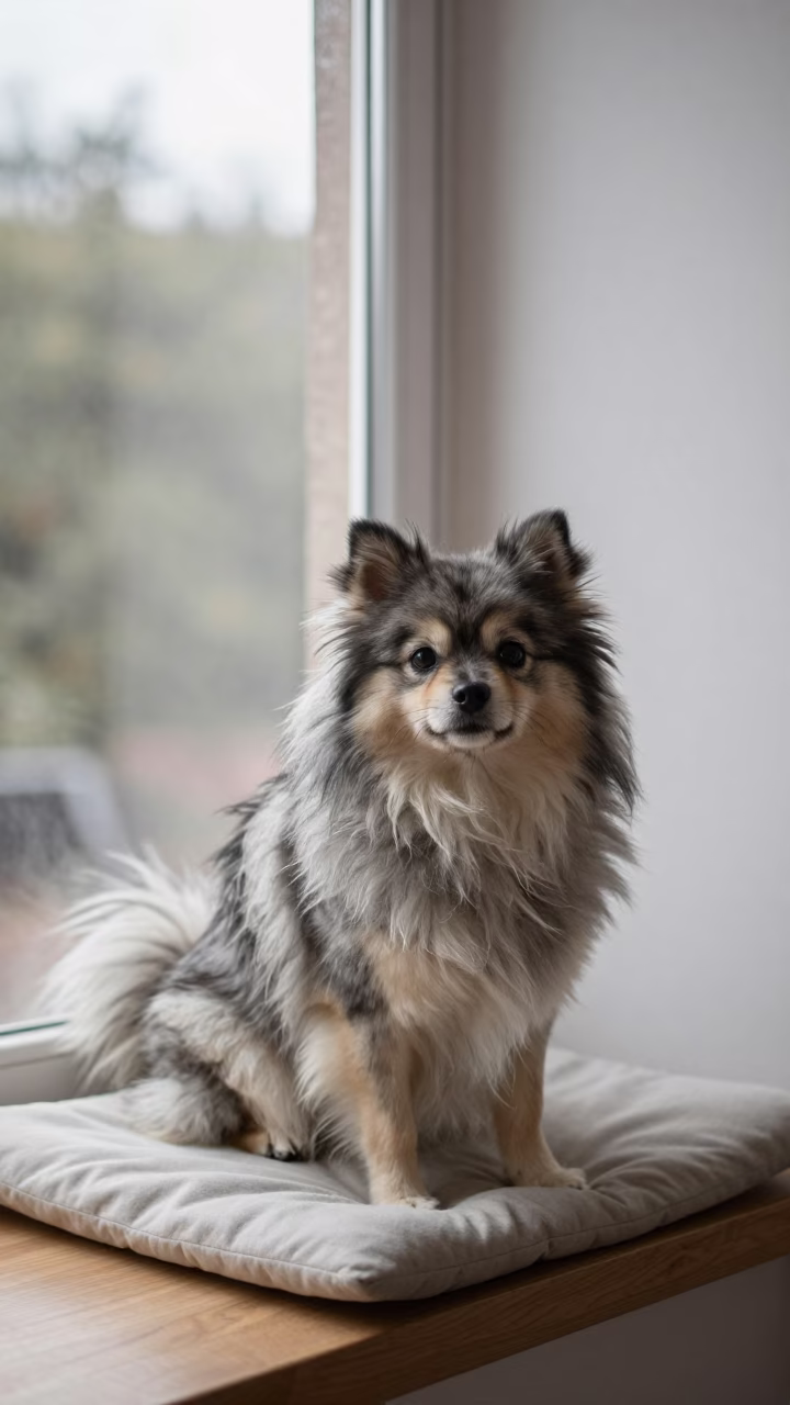 Schapendoes Portrait on Window Seat in Quito in on a cushioned window seat with soft side light and an uncluttered background near Quito