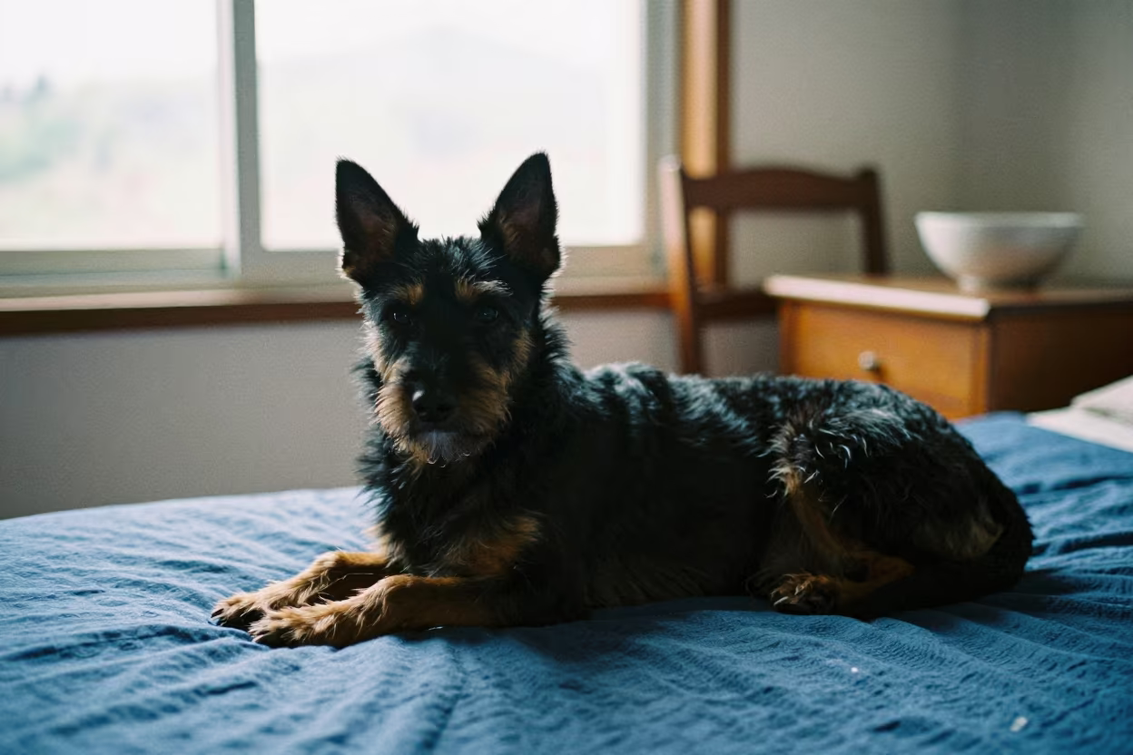 Schipperke Dog Resting on Bedspread Near Window in on a bedspread near a bright window with calm indoor light in Chongqing