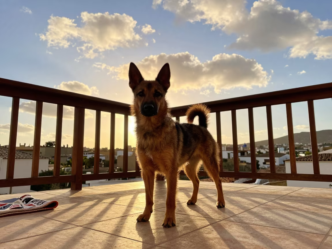Schipperke on Alicante Porch at Golden Hour in on a shaded front porch with boards, railings, and eye-level framing in Alicante