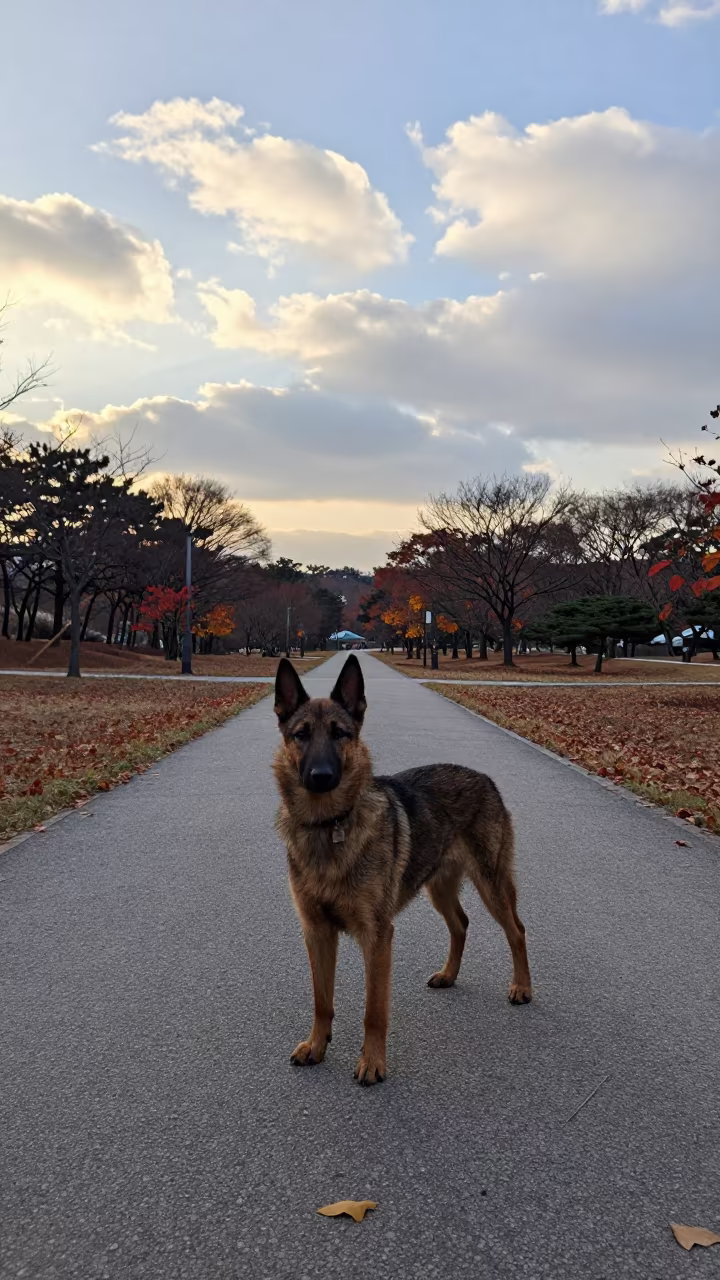 Schipperke on Daejeon Path at Dawn in along a quiet park path with soft open shade and a clean background in Daejeon