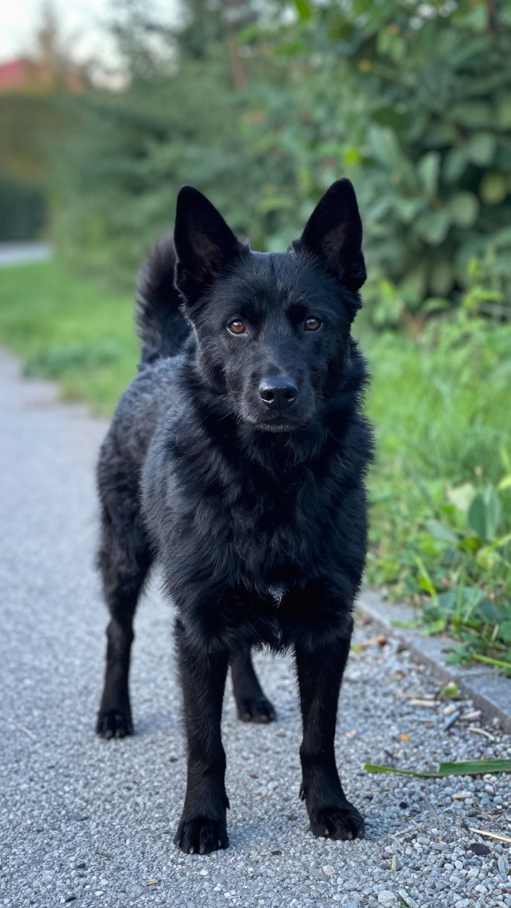 Schipperke on Garden Path in Morning Light in near a garden edge with soft morning light and an uncluttered background in Kielce