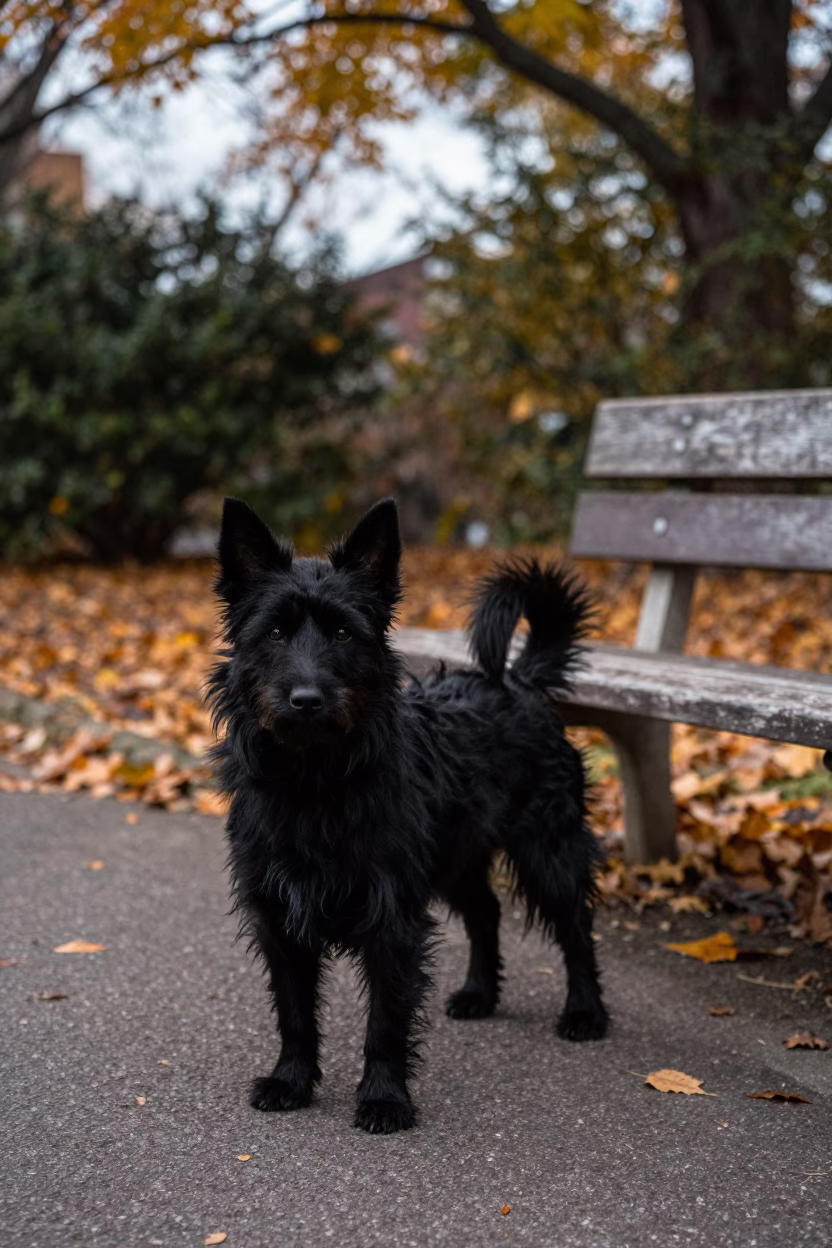 Schipperke on Osaka Park Path in Early Autumn in along a quiet park path with soft open shade and a clean background in Osaka