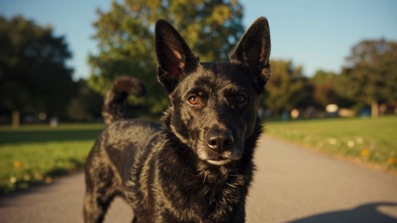 Schipperke Portrait Golden Hour Park Path in along a quiet park path with soft open shade and a clean background in Rochester