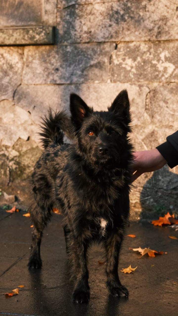 Schipperke Portrait in Aberdeen Courtyard in beside a plain courtyard wall in clear daylight with the animal at eye level in Aberdeen