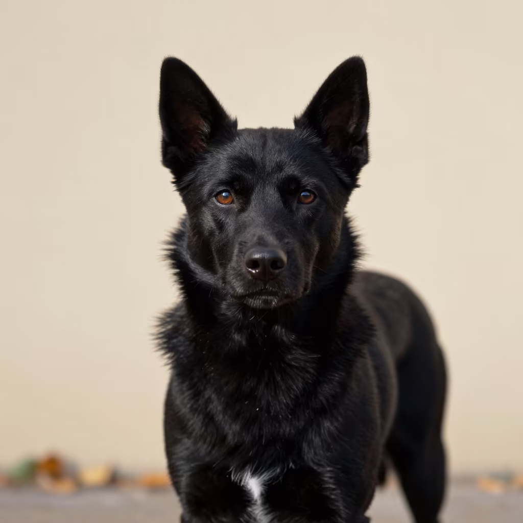 Schipperke Portrait in Sohag Courtyard in beside a plain courtyard wall in clear daylight with the animal at eye level in Sohag