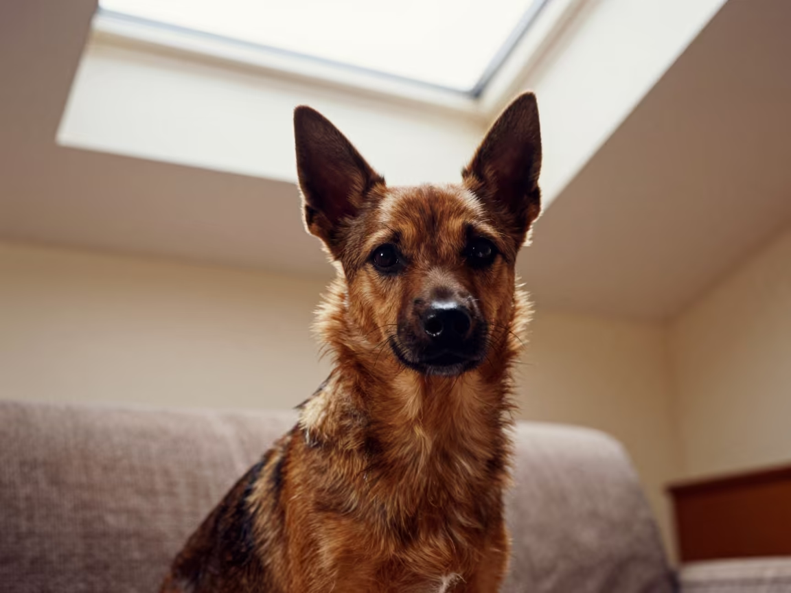 Schipperke Portrait Near Window in Walvis Bay in on a sofa near a curtained window with calm indoor light in Walvis Bay