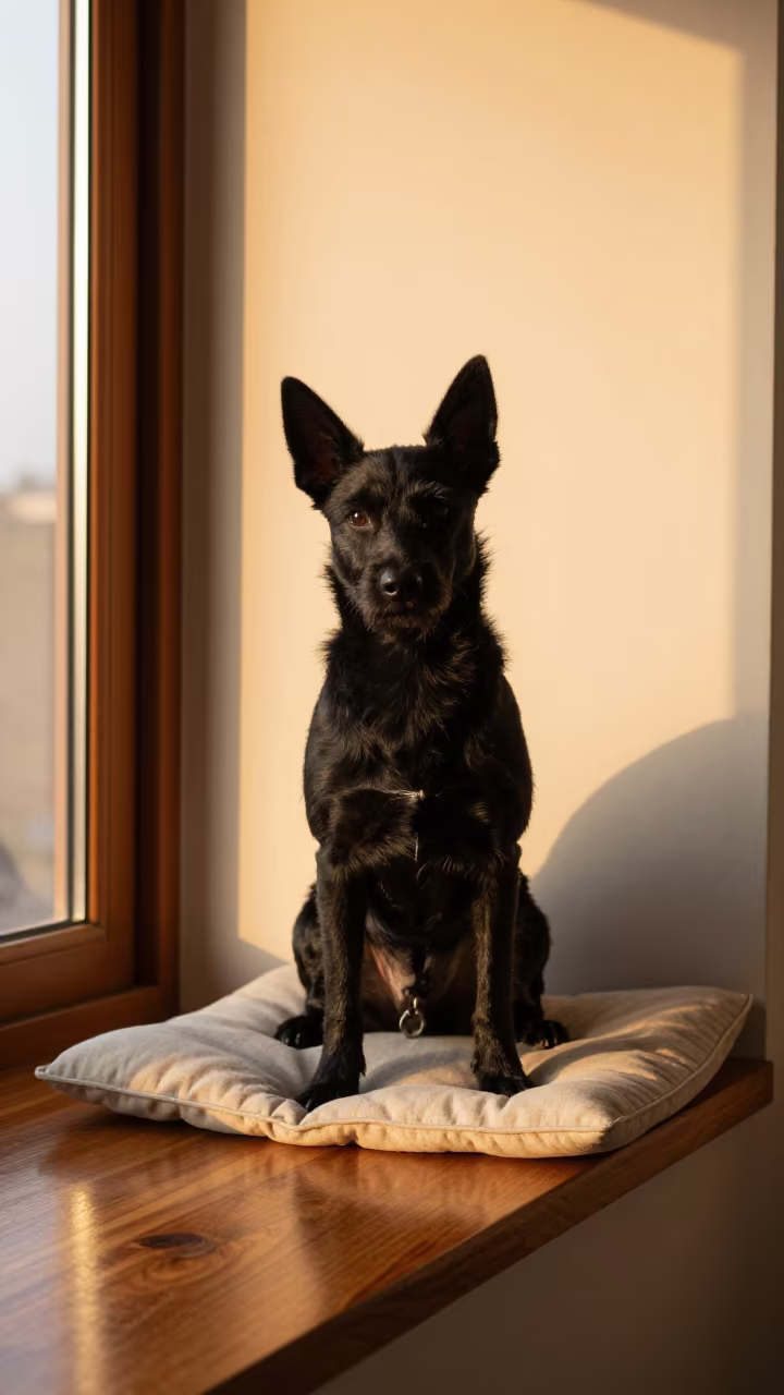 Schipperke Portrait on Delhi Window Seat in on a cushioned window seat with soft side light and an uncluttered background in Delhi