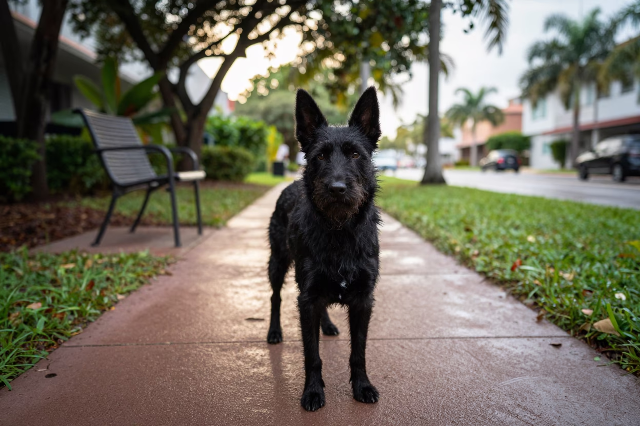 Schipperke Portrait on Quiet Coral Gables Path in along a quiet park path with soft open shade and a clean background in Coral Gables, Miami