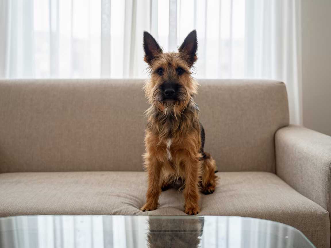 Schipperke Portrait on Sofa in Bulawayo Light in on a sofa near a curtained window with calm indoor light in Bulawayo