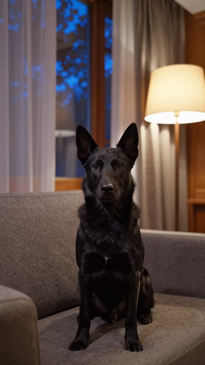 Schipperke Portrait on Sofa Near Window in on a sofa near a curtained window with calm indoor light in Lijiang