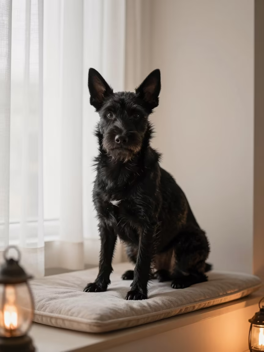 Schipperke Portrait on Window Seat Ahmedabad in on a cushioned window seat with soft side light and an uncluttered background in Ahmedabad