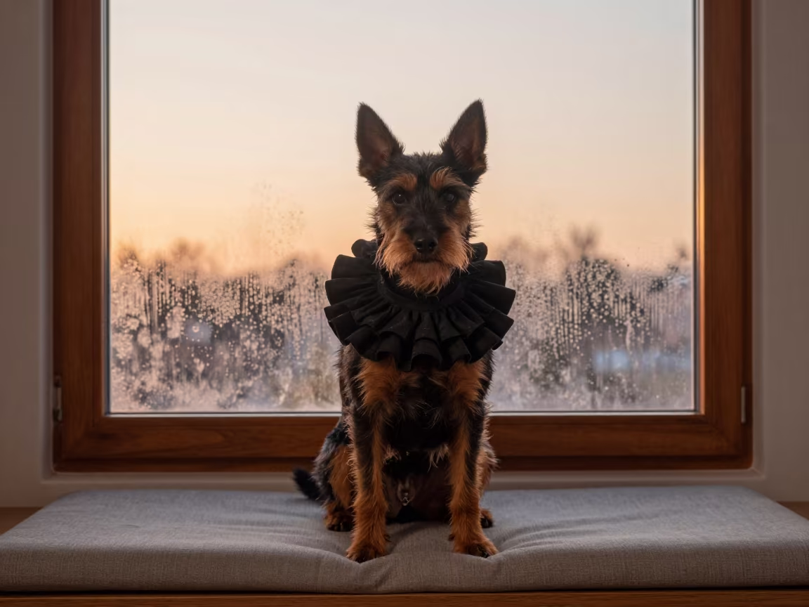 Schipperke Portrait on Window Seat Ibadan in on a cushioned window seat with soft side light and an uncluttered background in Ibadan